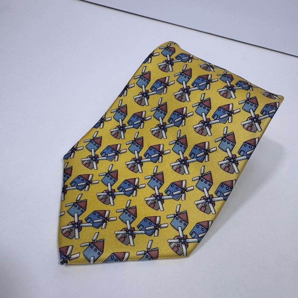 Loewe Madrid Silk Tie Yellow Arquitectura Española Windmill Spain 57" x 3.75"